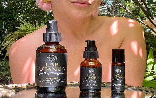 beauty products and woman posed in nature